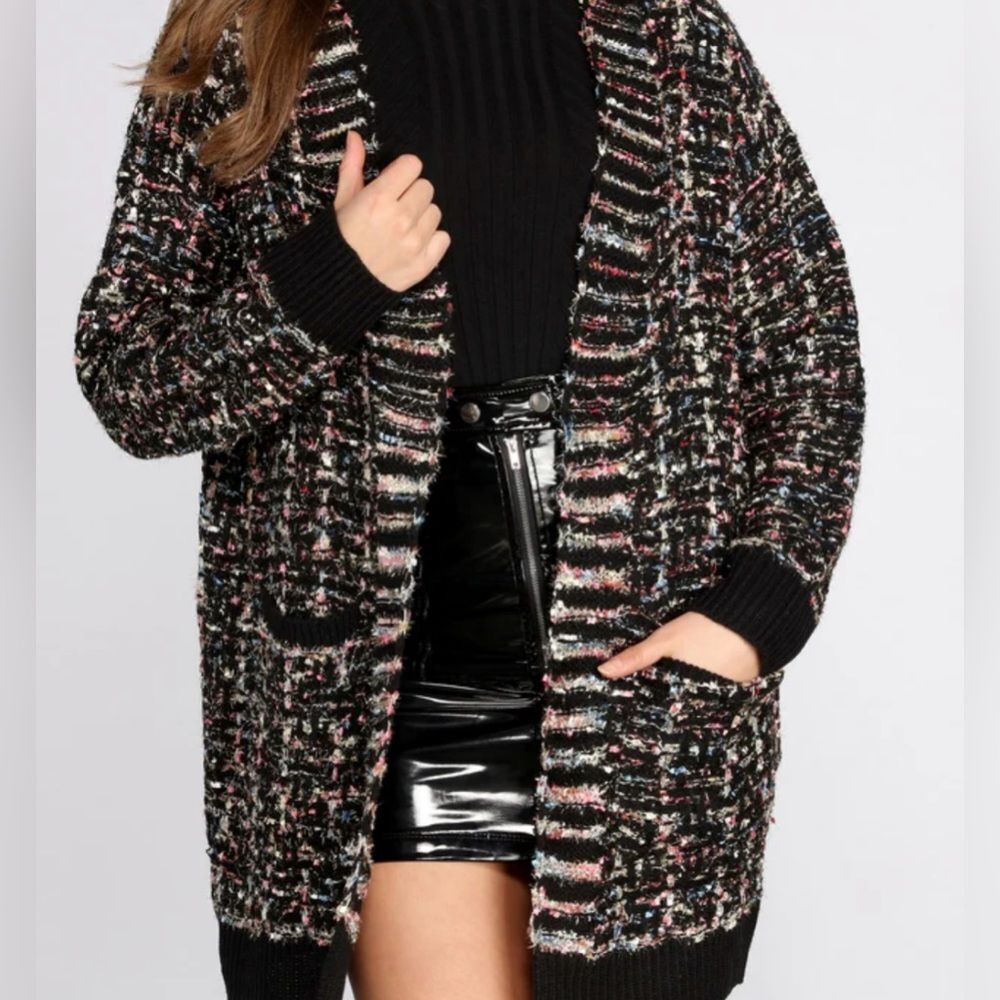 FavLux Sparkly Confetti Multicolored Tweed Like Oversized Open Cardigan SZ S